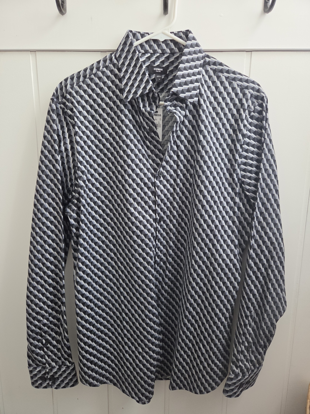 Express Men's Black, White, Grey-blue Geometric Print Dress Shirt